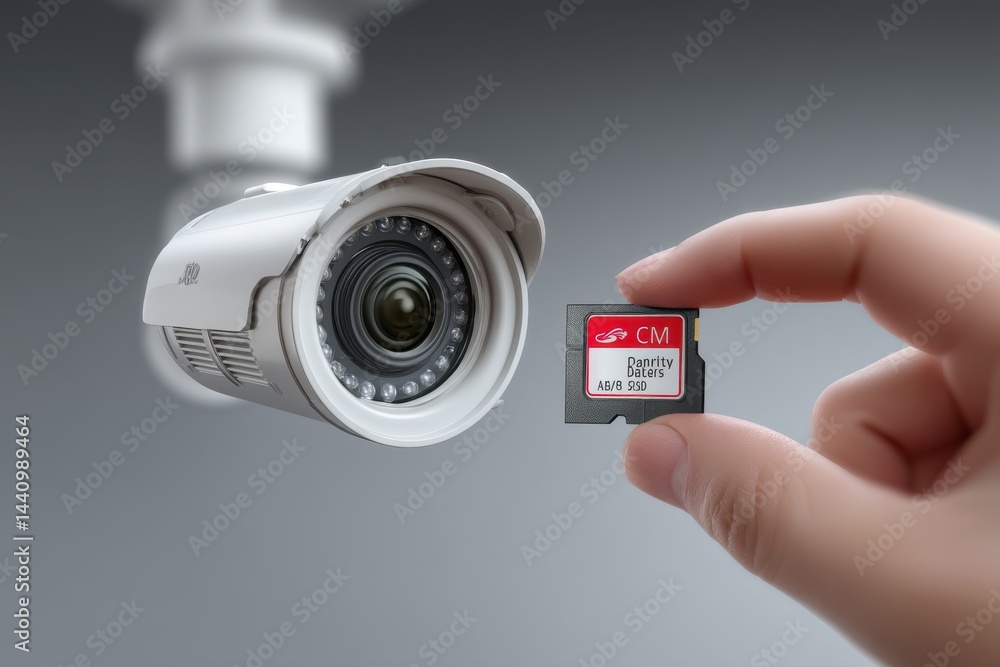 Poster close-up of cctv camera with data storage in hand, highlighting security and technology features for