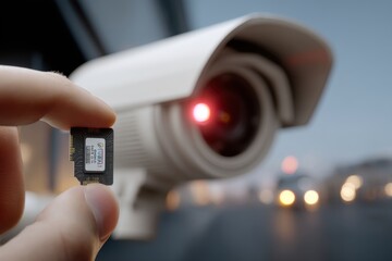 A close-up of a microchip held in a hand, with a security camera in the background, showcasing technology and surveillance in a modern urban environment.