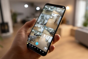 Close up of a man's hand holding a mobile phone displaying a home security camera feed, showing multiple angles of a well lit and modern house's interior.