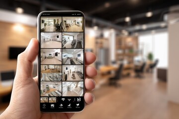 Hand holding a smartphone displaying home security camera footage for surveillance, showing the interior, living room, and furniture, offering a sense of safety and real-time monitoring.