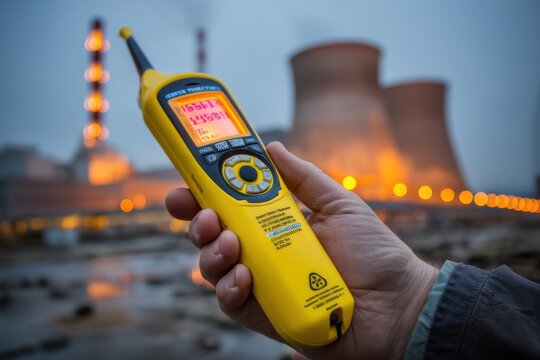 A hand holds a Geiger counter displaying radiation readings near a nuclear power plant with cooling towers, highlighting the concept of nuclear energy safety measures.
