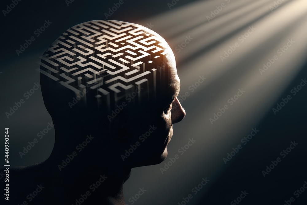 Poster a conceptual image of a man's head with a maze pattern, symbolizing mental complexity and problem-so