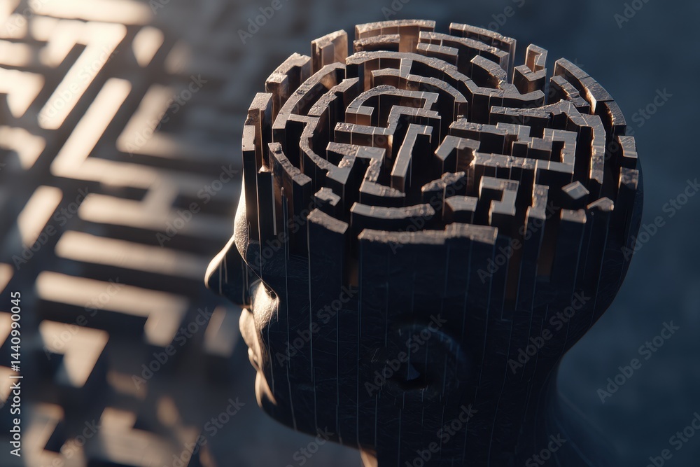 Poster a conceptual image depicting a human head with a labyrinth pattern, symbolizing complex thinking and