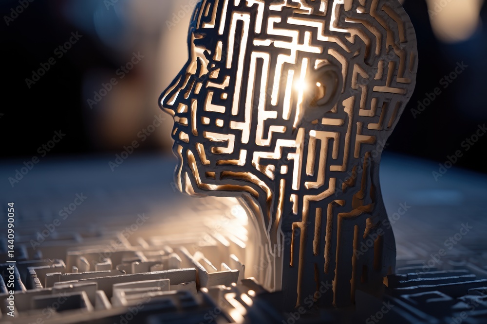 Poster a conceptual representation of the human mind as a complex labyrinth, illuminated with inner light, 