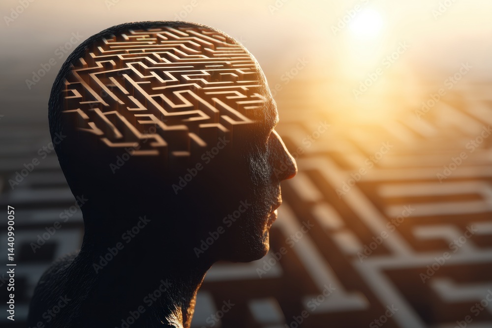 Poster conceptual image of a human head with a maze inside, representing complex thinking, problem-solving 