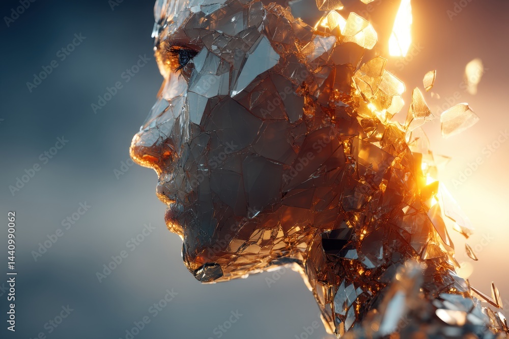 Poster a digital representation of a human face, crafted from shimmering, translucent shards, partially dis