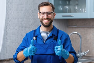 A cheerful plumber in blue overalls gives a thumbs up in a bright kitchen, showing approval and professionalism, ready for repair, installation and maintenance tasks.