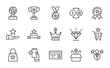 A collection of outline icons of benefits, awards, rewards, loyalty programs and promotions. Modern minimalist style, suitable for apps, websites, marketing and branding materials. Editable strokes