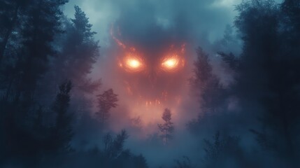 Naklejka premium Eerie Forest with Glowing Eyes A Mysterious and Haunting Night Scene