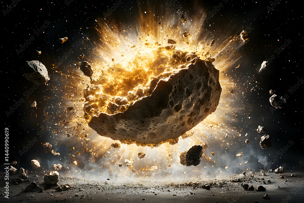 Poster an asteroid explodes dramatically against the backdrop of space. suitable for science fiction book c