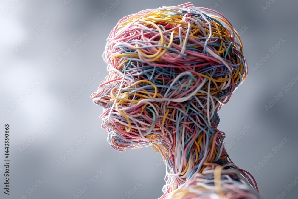 Poster abstract human head composed of colorful wires, representing connections, technology, and innovation