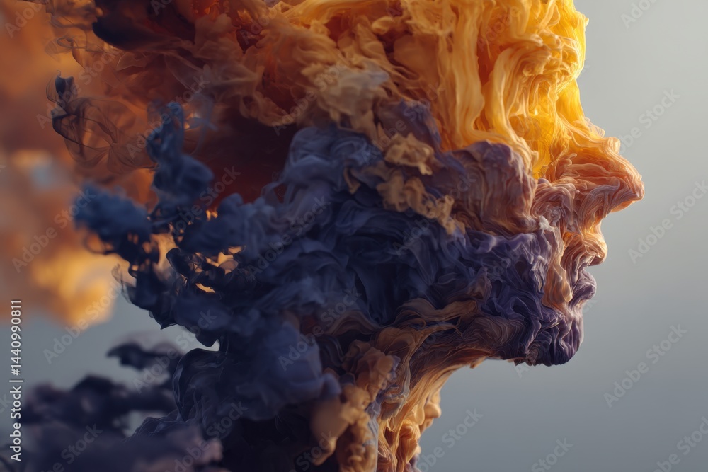 Poster an abstract rendering of a human face created with swirling clouds of orange and dark blue color, wi