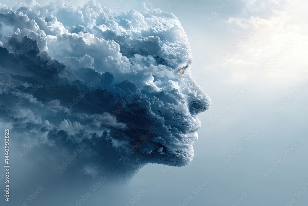 Poster an ethereal profile of a person's face filled with clouds in the sky, creating a dreamlike and surre