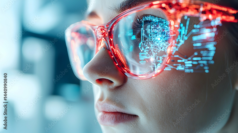 Poster futuristic vision technology shown through red framed glasses overlaying digital data. useful for sh