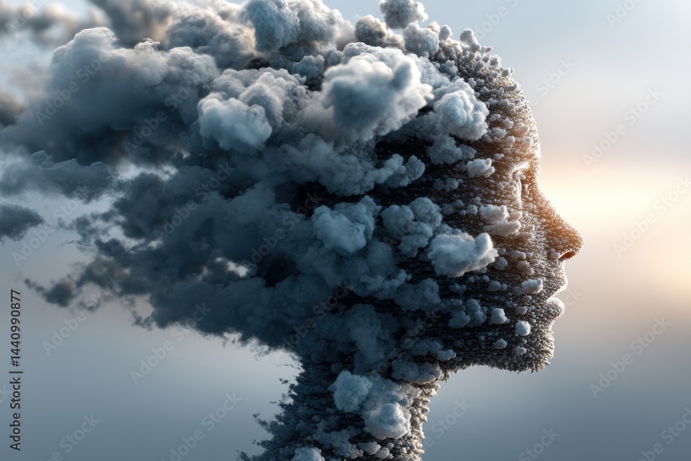 Poster surreal conceptual image of a female face made of clouds, fading into the sky, symbolizing the ephem