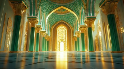 Grand palace green interior of a historic hall with intricate designs and vibrant colors