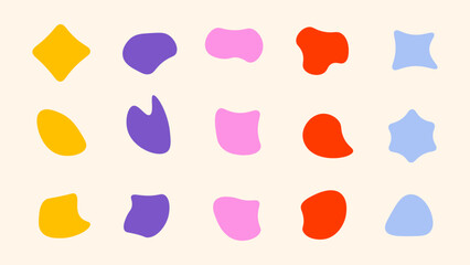 Abstract icon set. Vector quirky funky shape elements. contemporary colorful Y2K shapes. Free form sticker design elements. Liquid vibrant abstract on black background. Organic freeform pattern