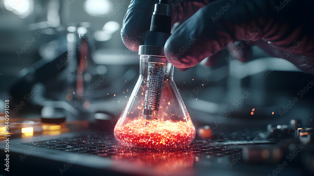 Poster a beaker glows with red particles. a gloved hand holds an apparatus. the image evokes advanced scien