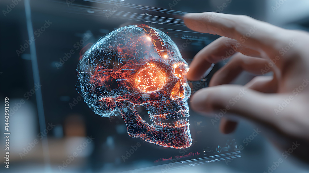 Poster a digital skull rendered in a futuristic style with glowing components and a hand interacting with t