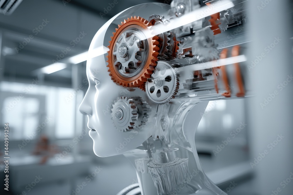 Poster a conceptual representation of artificial intelligence with a head filled with gears and mechanisms,