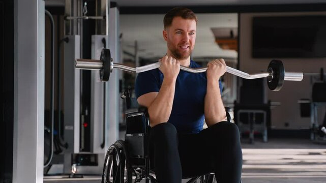 Man in wheelchair doing barbell curls at gym
