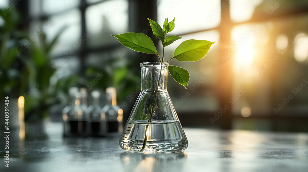 Aufkleber a plant in a lab flask. nature meets science creating a metaphor for growth innovation and environme