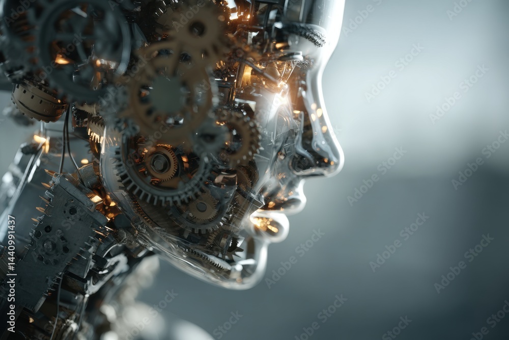 Poster detailed close-up of a futuristic transparent humanoid robot head filled with intricate gears, showc