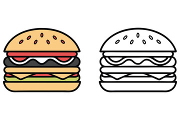Burger With Color And Line Art On White Background, Isolated Design Elements