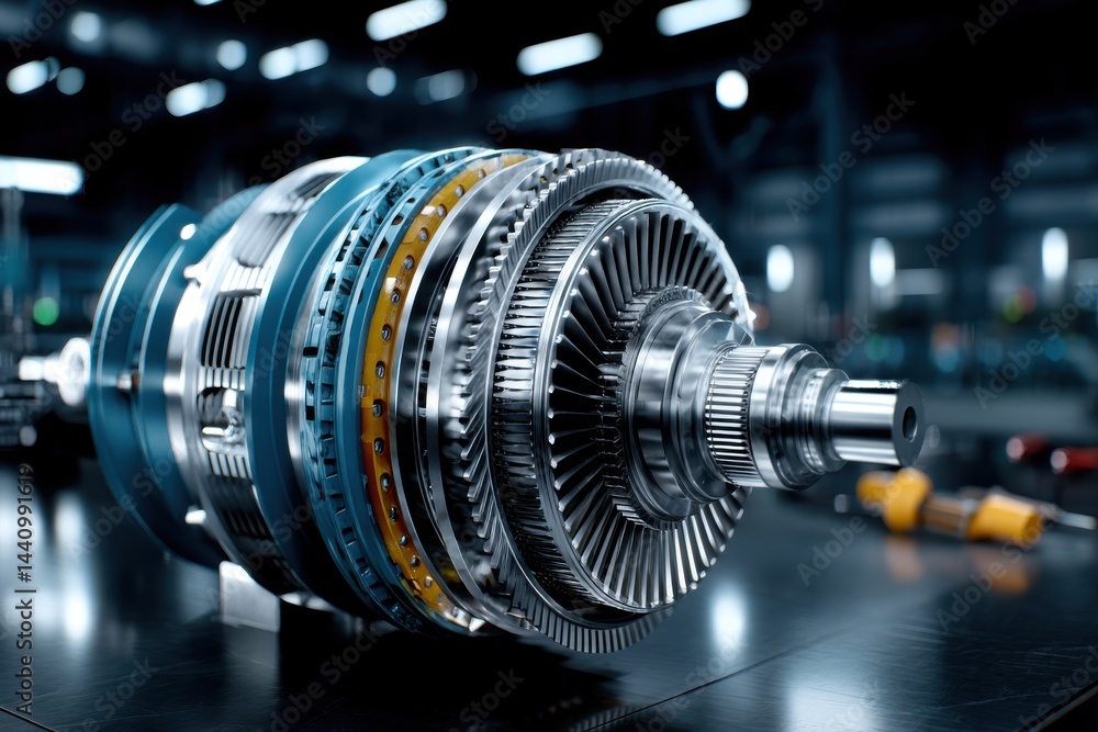 Poster close-up of a highly intricate industrial turbine engine, showcasing precision engineering and cutti