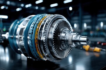 Fototapeta premium Close-up of a highly intricate industrial turbine engine, showcasing precision engineering and cutting-edge technology, designed for high efficiency and reliability.