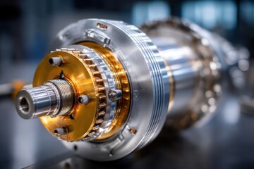Fototapeta premium A close-up shot of a high-precision industrial machine component showcasing intricate design and engineering, highlighting the complexity of modern manufacturing processes.