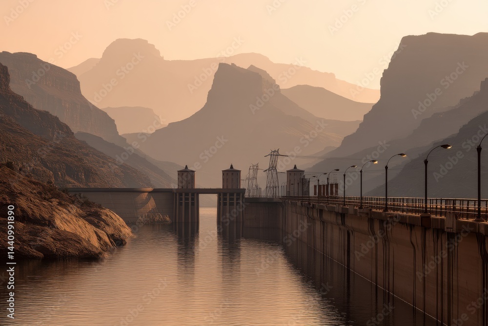 Poster a breathtaking view of a dam at sunset with hazy mountains in the background, creating a serene and 