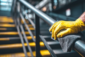 A person wearing yellow gloves is cleaning a metal staircase railing with a cloth to maintain hygiene, ensuring a safe and spotless environment.