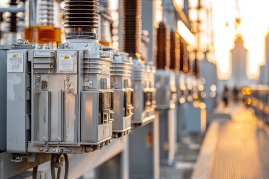 Close-up of electrical transformers on a bridge, showing the detailed construction and arrangement of the power distribution equipment with city lights in the background.