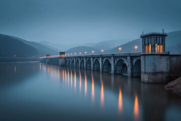 Obraz premium A picturesque view of a bridge over a tranquil lake with light reflections, surrounded by mountains, creating a serene and calming natural environment at dusk.