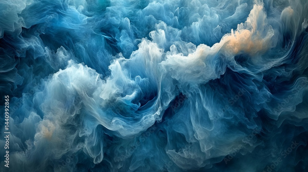Poster luminous blue fractal clouds spiraling, creating ethereal patterns with soft white hues against dark