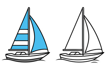 Two Cartoon Sailboats Illustration, One in Blue and White, Other in Black and White