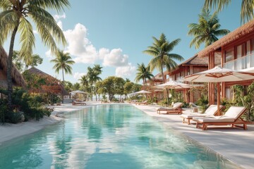 Fototapeta premium Luxury tropical resort featuring a pristine swimming pool, palm trees, and beach villas, showcasing a paradise for relaxation and vacation enjoyment.