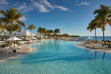 An inviting outdoor pool with turquoise water, palm trees, and lounge chairs under a clear blue sky creating a tropical paradise vacation getaway setting.