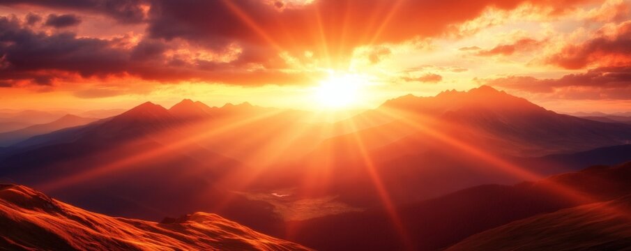 Majestic sunset over mountain peaks, radiant rays of light.
