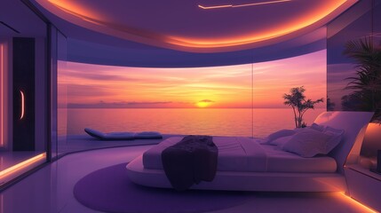 Modern bedroom with stunning ocean view during sunrise offers serenity and tranquility