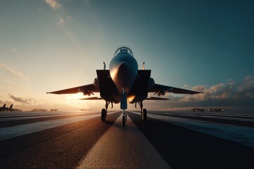 An F-15 Eagle fighter jet prepares for takeoff at dawn, showcasing advanced military technology and aviation power on the runway, backlit by a vibrant sunrise.