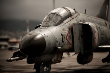 A detailed close-up of a vintage F-4 Phantom fighter jet on an airfield, featuring weathered paint and a dramatic sky adding to the vintage feel.