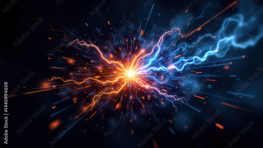 Poster a dynamic and futuristic illustration of an atomic explosion with bright sparks and intense light ef