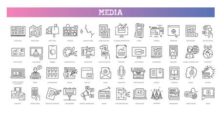 Mass media, social networks, public media vector outline icons
