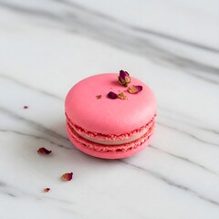 Rose-Kissed Raspberry Delight: A French Macaron on Marble
