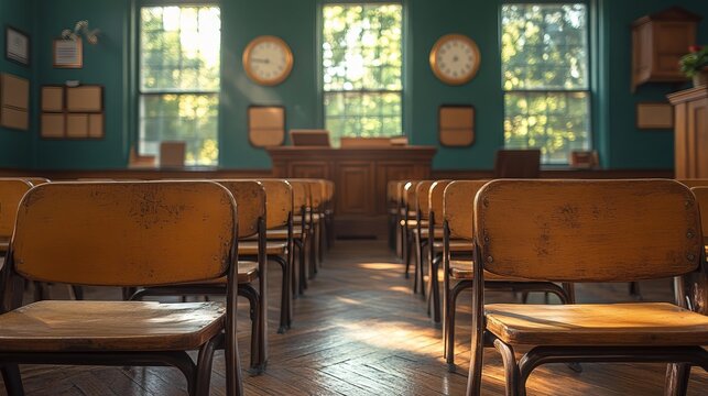 Empty vintage classroom with wooden chairs sunlight through windows teal walls old desk space retro
