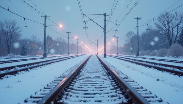 Frostbitten railway tracks in snowy countryside, winter tranquility