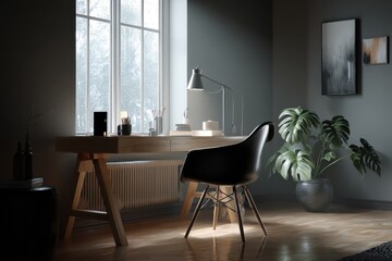 A modern and minimalist home office setup with a wooden desk, black chair, lamp, and Monstera plant, creating a cozy and productive workspace by the window.
