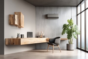 An elegant home office space with a modern desk, stylish chair, lush plant, creating a calming and inspiring work environment, flooded with natural light through large windows.